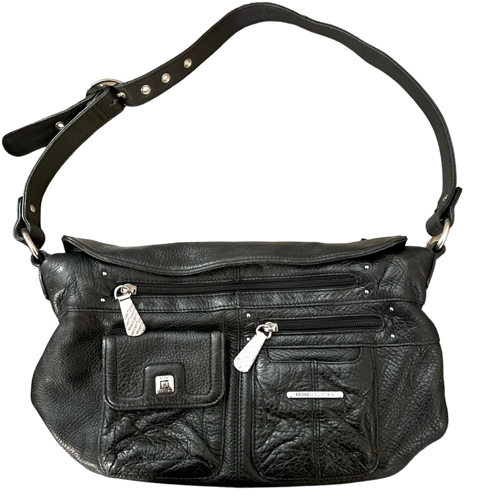 Stone Mountain black leather bag silver hardware pockets adjustable straps EUC
